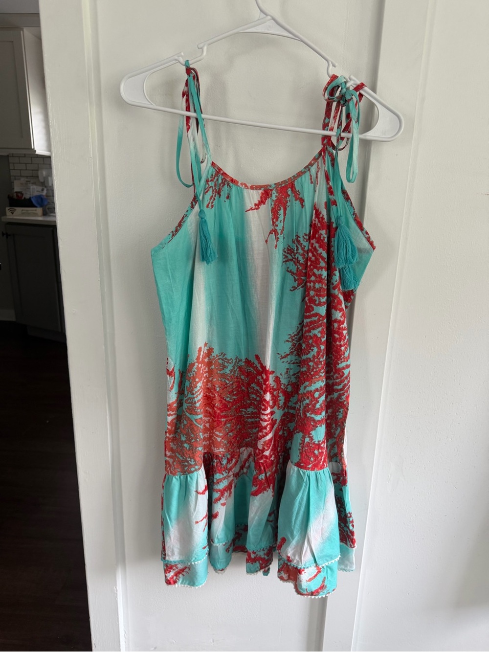 Turquoise and Coral Print Tie-Shoulder Mini Dress
